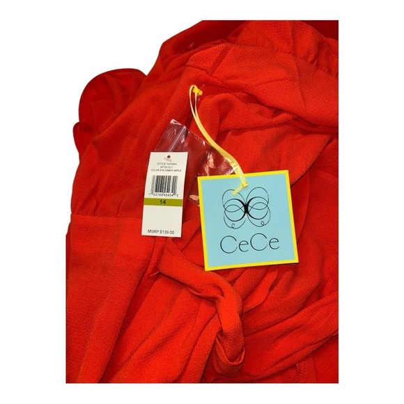 $139 CECE NEW Women’s Red Ruffled-Sleeve Cascading Belted Fit & Flare Dress 14 - Picture 9 of 16